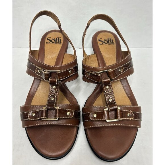 Sofft Brown Leather Slingback Ankle Strap Wedge Peep Toe Sandal Shoe 7.5W Wide - Picture 1 of 7